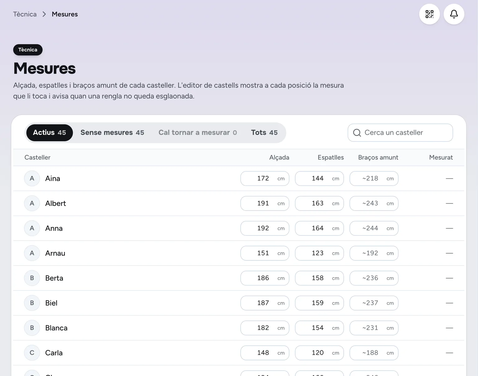 Pantalla de la app: Medidas y alturas